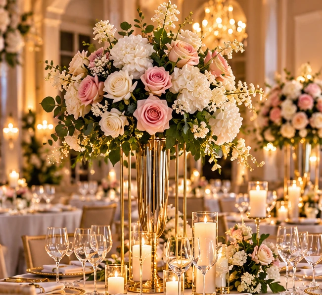 Bouquet de fleurs champagne sur table — visuel illustratif